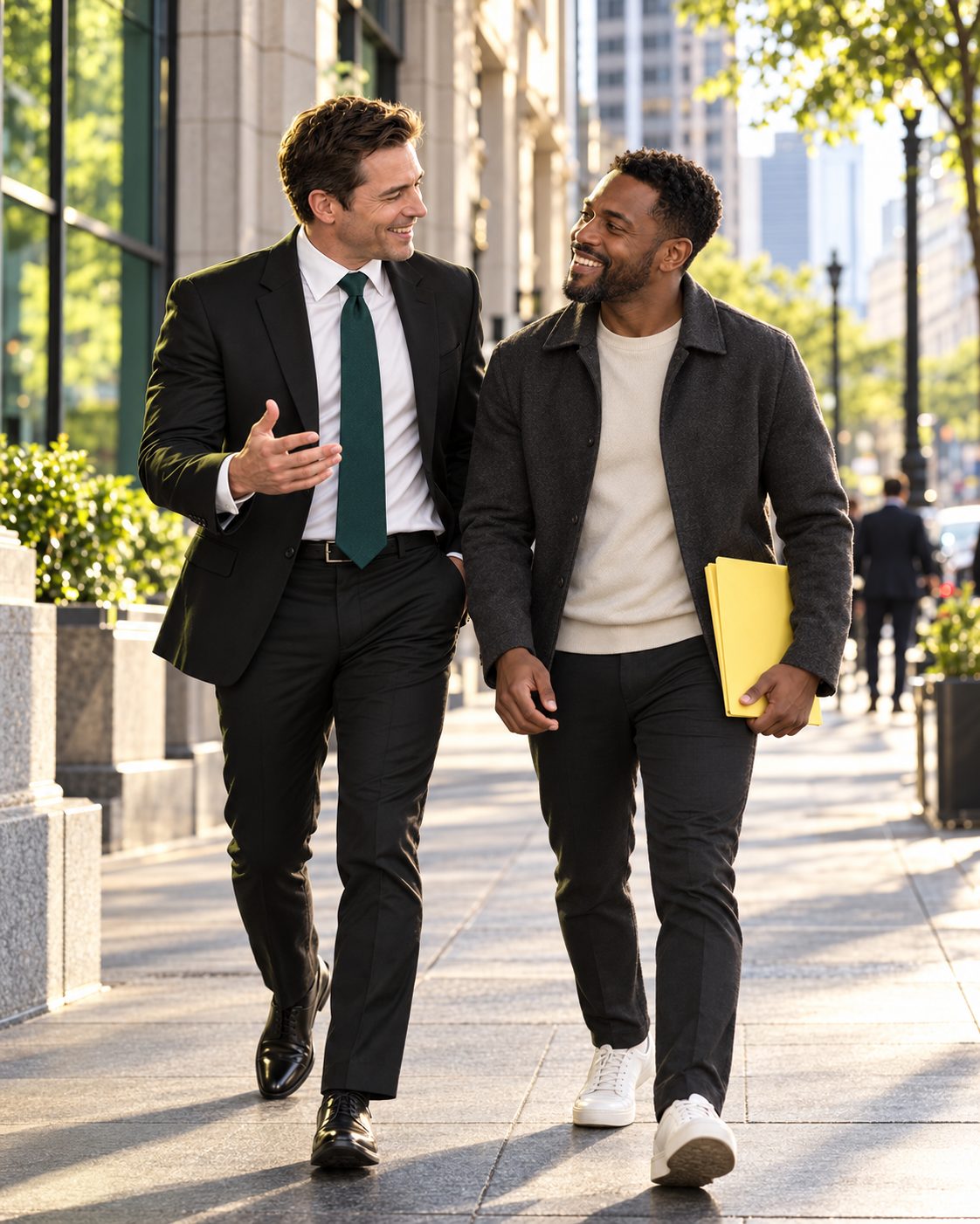 Piccolo Law Firm attorney walking and talking with a client on a sunlit city sidewalk