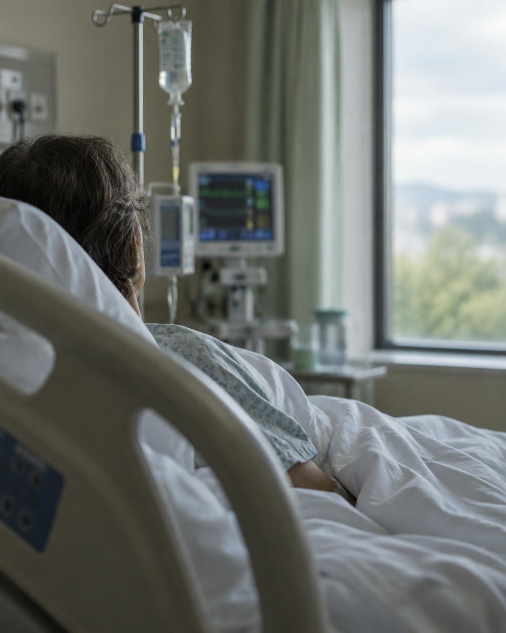 Patient resting in a hospital bed, seen from behind the bed rail and turned away toward the window