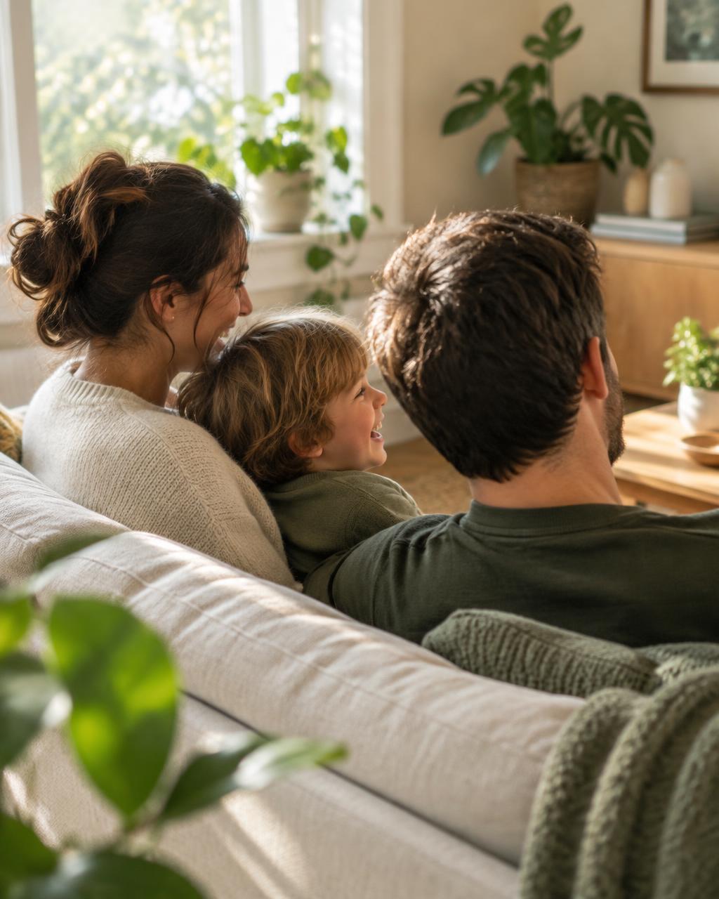 Family of three sitting close together on a sofa at home, laughing together