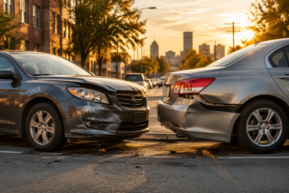 Two damaged cars on a New Jersey street in golden sunlight