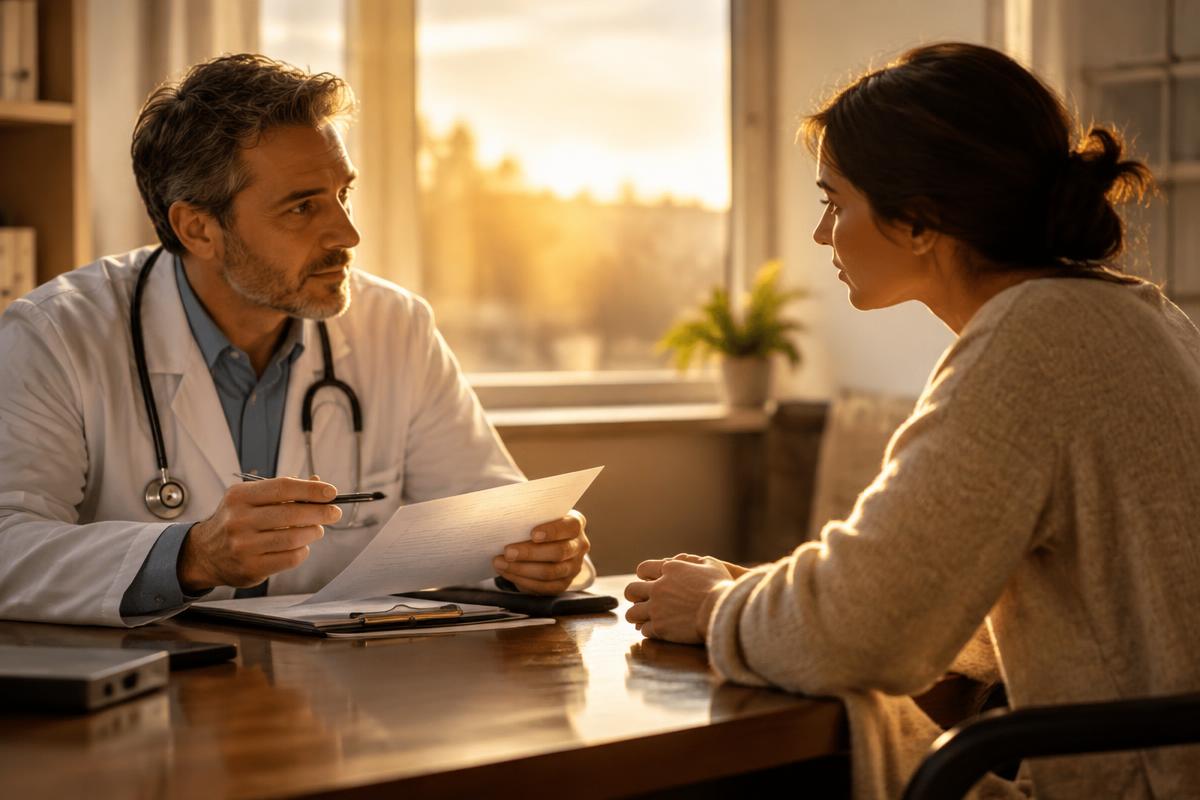 Doctor and patient reviewing medical documents in warm golden light
