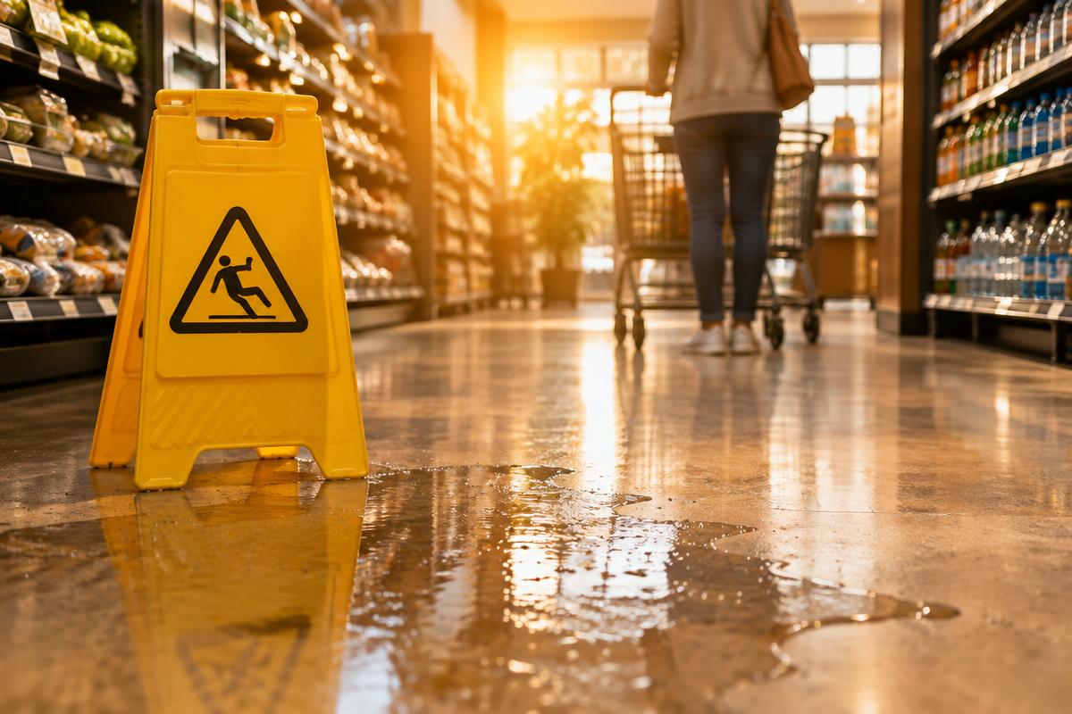 Spilled water and a caution marker in a golden-lit grocery aisle