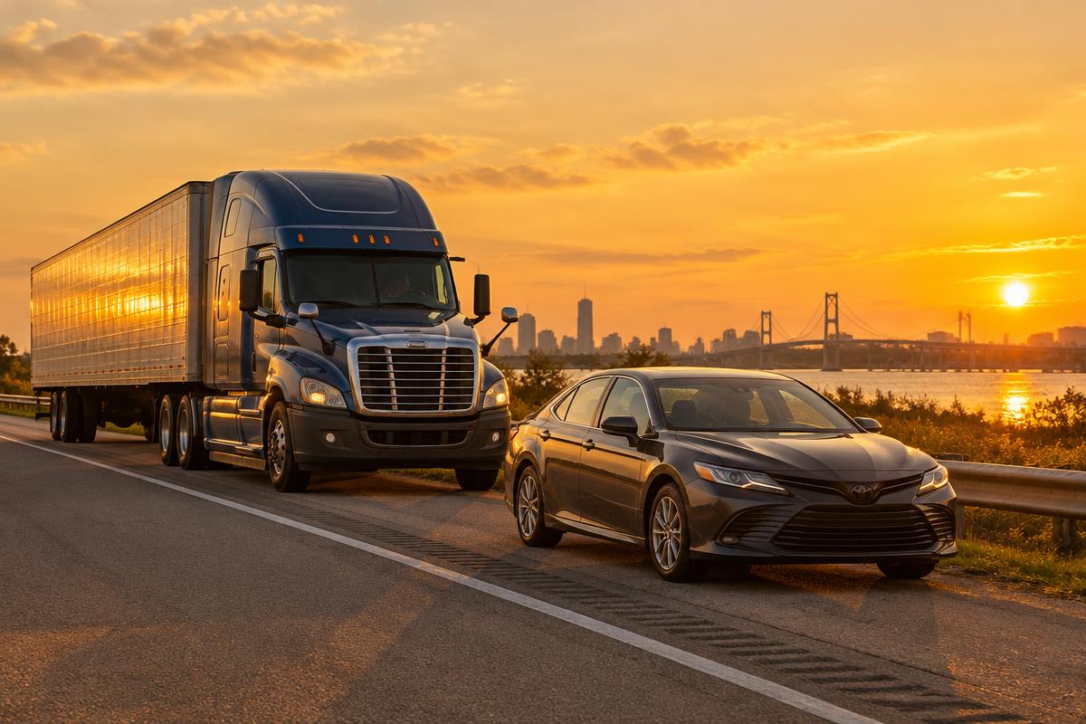 Commercial truck and sedan stopped by a New Jersey highway at sunset