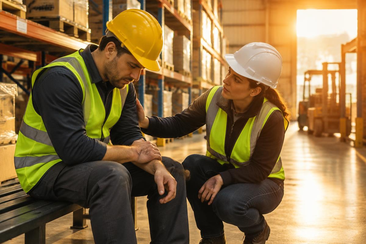 Warehouse worker with a sore wrist receiving support from a coworker