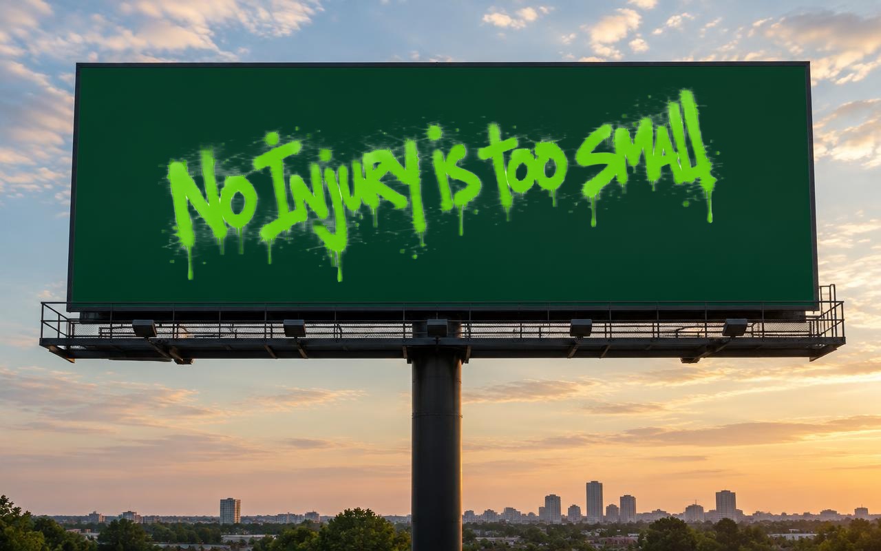 Piccolo billboard reading No Injury Is Too Small and New Jersey Personal Injury Attorneys