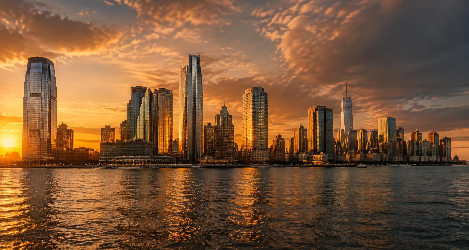 Downtown Jersey City skyline at golden hour